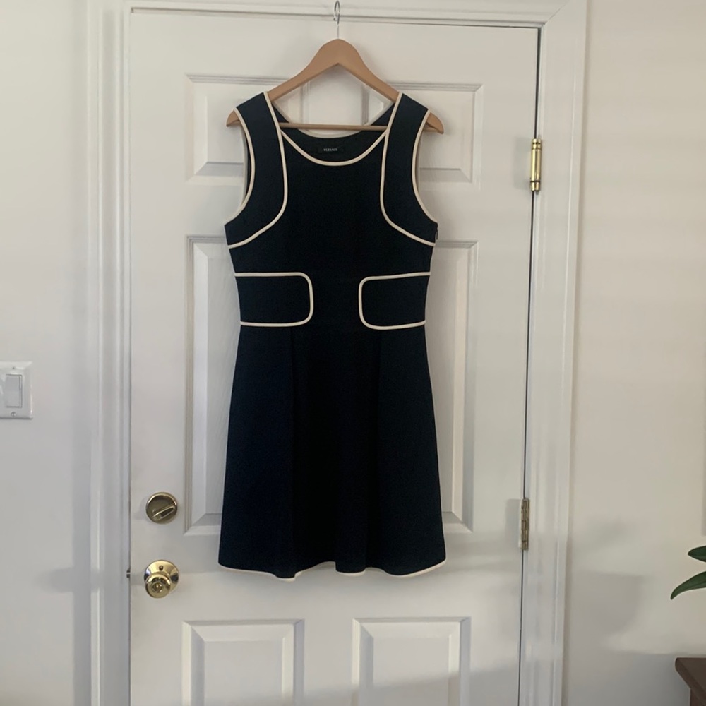 Versace Wool Knee-Length Dress with Cream Piping Detail